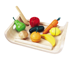 סט פירות וירקות קטנים מעץ עם מגש ענטל