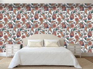 טפט קיר איור עלים ופרחים בסגול, בורדו וכחלחל
