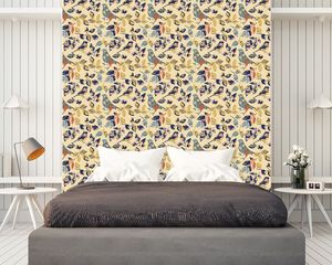 טפט קיר איור ציפורים ועלים בגוון כחול, תכלת על רקע בהיר