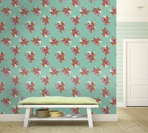 טפט קיר איור זרי פרחים על רקע תכלת עם דוגמא