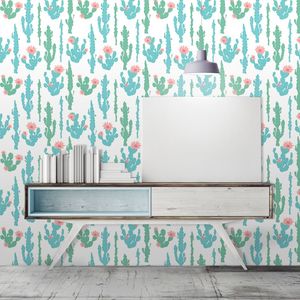 טפט קיר ציורי קקטוסים בירוק ותכלת עם פרחים ורודים על רקע לבן