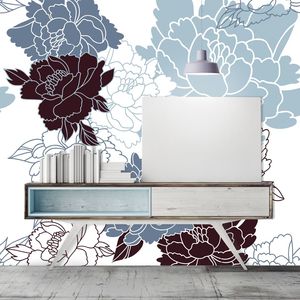 טפט קיר ציורי פרחים בכחול ותכלת על רקע לבן