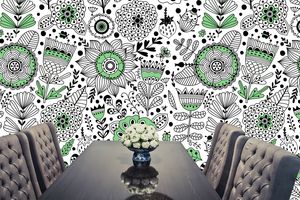 טפט Pattern איור פרחים על רקע לבן עם שילוב של ירוק