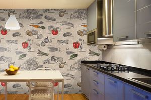 טפט קיר כיתוב ואיור הירקות באדום וירוק על רקע משבצות