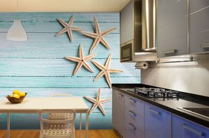 טפט קיר צילום כוכבי הים על לוח עץ בגוון הטורקיז.