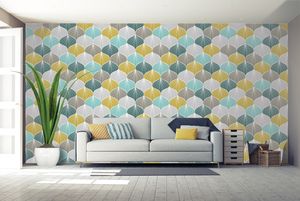 טפט מעוצב Pattern איור בלבן עם צביעה בגוונים של אפור, חרדל, תכלת.