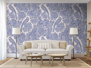 טפט Pattern איור תוכים בכחול על רקע לבן.