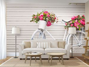 טפט קיר צילום האופניים הלבנים עם הפרחים הורודים.