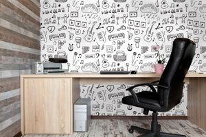 קיר איור בגוון שחור כלי נגינה, תווים ועוד.