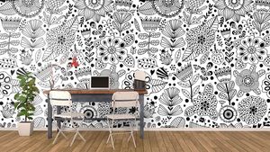 קיר איור בשחור אלמנטים של טבע על רקע לבן.