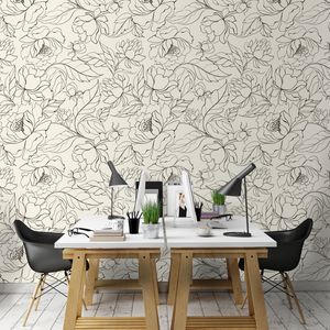 קיר איור הפרחים באפור כהה על רקע לבן.