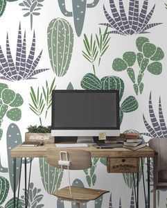 קיר איור קקטוסים שונים בגוון בהיר.