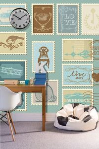 קיר הבולים שלי בגווני התכלת והחום.