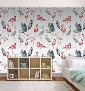 קיר איורי פלמנגו בבורדו ואפור על רקע לבן.