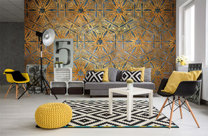 טפט קיר התחרה הזהובה על רקע כחול.