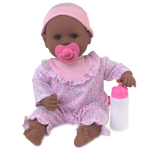 בובה תינוקת כהה עם מוצץ ובקבוק סקאל
