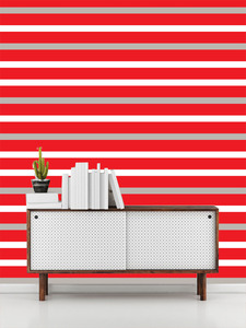 טפט קיר הקווים - במרווח גדול לרוחב בצבעים לבן, אדום  ואפור.