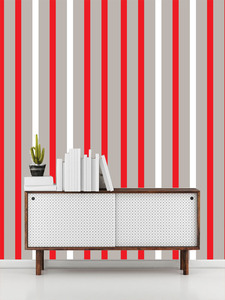 טפט קיר הקווים לאורך האדום והלבן על רקע אפור.