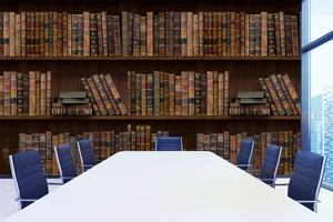 טפט קיר הספרים בגוון החום.