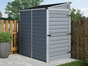 מחסן גינה אפור דגם סקיילייט 4*6 פנט במידה : רוחב 117 ס"מ, עומק 175 ס"מ, גובה 171 -203 ס"מ - עשוי פוליקרבונט 10 שנות אחריות יצרן - משלוח חינם קומת קרקע 