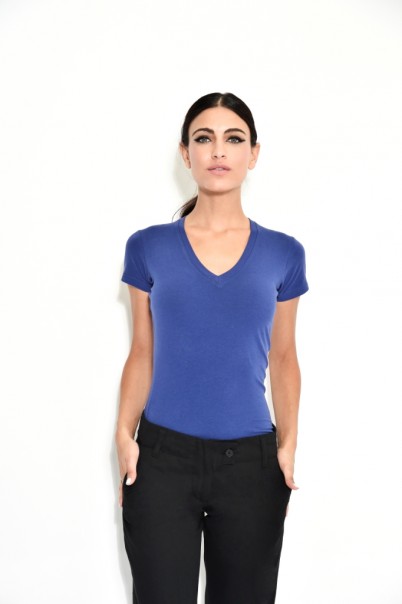 חולצת טריקו לייקרה נשים V כחול רויאל