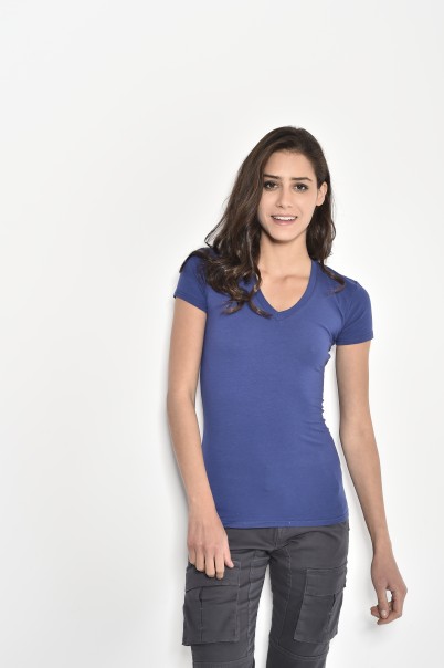 חולצת טריקו לייקרה נשים V כחול מרין
