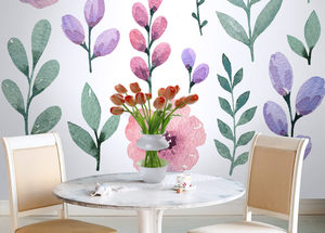 טפט קיר ציור הפרחים בורוד וסגול על רקע לבן