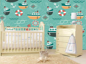 קיר מעוצב עם איורי אוניות עוגנים מצפנים