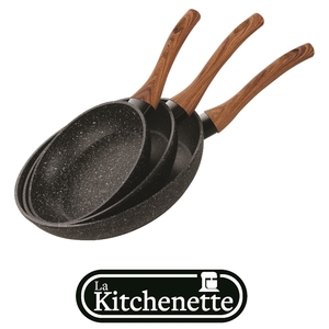 סט 3 מחבתות בגודל 20/24/28 ס"מ ציפוי אבן שיש, גימור צבע שחור