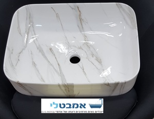 כיור רחצה מונח חרס דק מלבני גימור דמוי שיש לבן