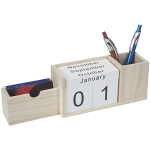 מעמד עץ טבעי קלנדר קוביות מעץ עם כוס לעטים ומעמד כרטיסי ביקור