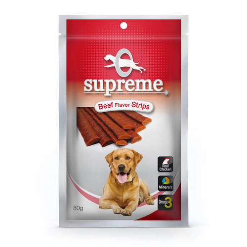 חטיף סופרים רצועות עוף בטעם בקר 80 גרם \ Supreme Beef Strips