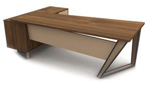 סקאזי שולחן מנהל יוקרתי כולל שלוחה צד ימין פלטה צבע עץ אגוז רגל עם קושרת בצבע קרם מיליון כסאות