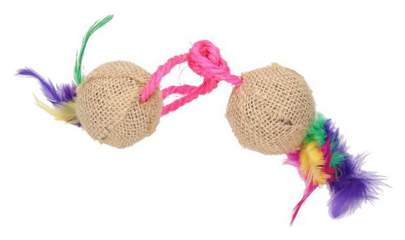 צעצוע לחתול 2 כדורי יוטה עם נוצה