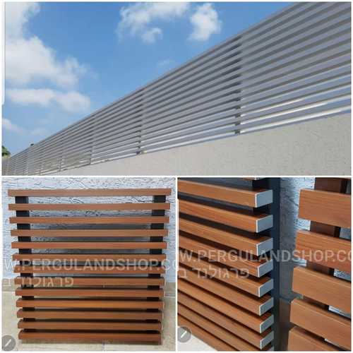 גדר אלומיניום יוקרתית בגווני דמוי עץ חם - דגם הייטק עץ שוכב - פרופיל 40*20 מ