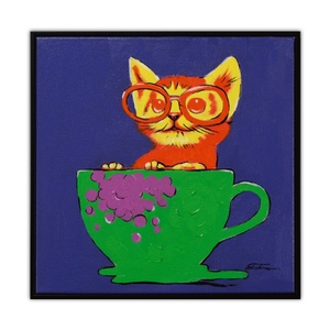 ציור חתול בתוך כוס קפה כחול  42x42 ס"מ - 352200