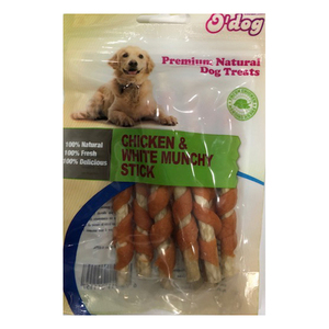 חטיף או דוג - חזה עוף ועורות פרה - 100 גרם Odog CHICKEN & WHITE MUNCHY STICK