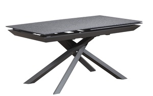 קרוס שולחן -פינת אוכל מעוצב + פתיחה - רגל מתכת שחורה טופ זכוכית מזוגגת אפור מידות 160+90*90*75 סמ מיליון כסאות