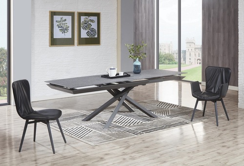 קרוס שולחן -פינת אוכל מעוצב + פתיחה - רגל מתכת שחורה טופ זכוכית מזוגגת אפור מידות 160+90*90*75 סמ