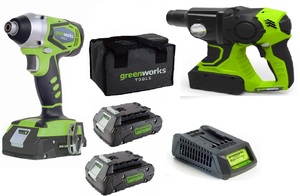 מברגת אימפקט 24V (גוף)+ שתי סוללות 4.0Ah + מטען מהיר + תיק נשיאה + פטישון שני מצבים 18V (גוף)