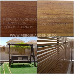 גדר אלומיניום יוקרתית בגווני דמוי עץ חם - דגם הייטק עץ שוכב - פרופיל 40*20 מ"מ - רואים לפנים את ה 20 מ"מ - רווח בין פרופילים 2 ס"מ 