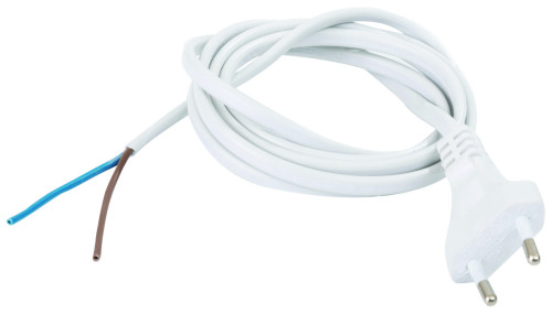 כבל 2X0.75 + תקע דו פיני יצוק באורך 1.5 מ’ לבן