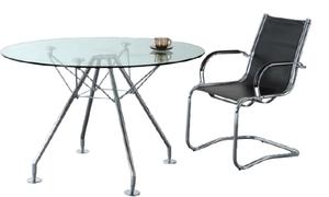 שולחן ישיבות דגם 923 -עגול - קוטר 120 ס"מ - פלטה זכוכית שקופה מחוסמת - רגל ניקל גובה 75 ס"מ מיליון כסאות