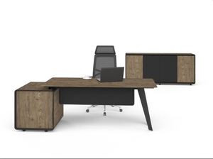 אלפי שולחן מנהל מעוצב כולל שלוחה רתומה (ימין/ שמאל )פלטה אגוז רגל מתכת שחורה מידות 180*80*75h ס"מ מיליון כסאות