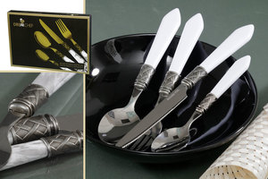 192801 סט סכו"ם 24 חלקים נירוסטה אל חלד ציפוי כסוף ידית לבן 6P