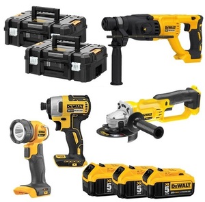 מבצע העשור המשך...!!! סט ליתיום 4 כלים 18V פטישון BL + אימפקט BL + משחזת זווית + פנס + 3 סוללות 5AH  Dewalt