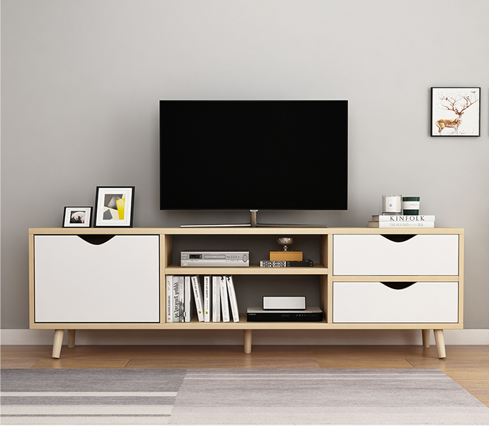 מזנון טלוויזיה ידיות נסתרות לבן בשילוב אלון  