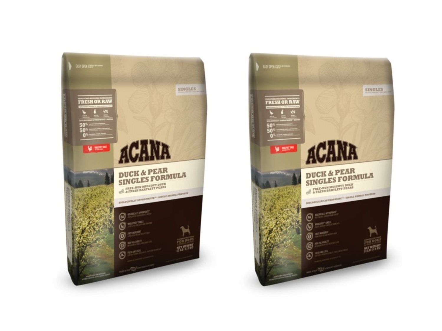 שני שקי אקאנה ברווז ואגס - כל שק 11.4 ק"ג 22.8 ק"ג Acana Singles Duck