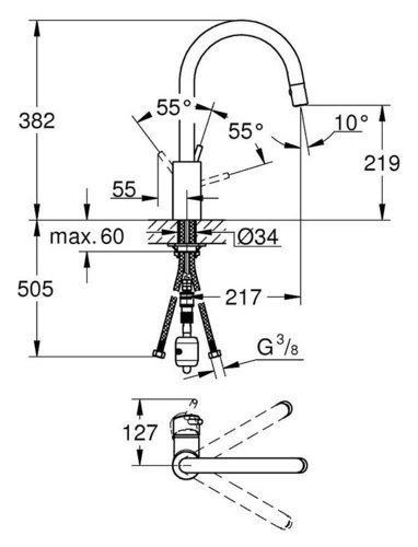 31483002 ברז פרח למטבח עם פיה נשלפת, שני מצבים גרואה