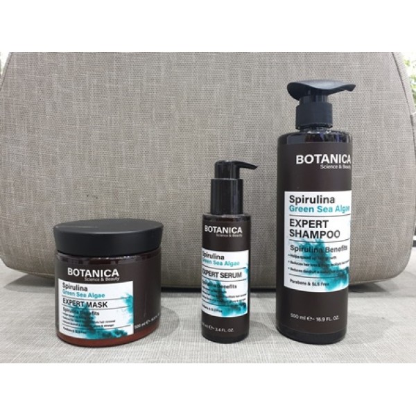 BOTANIKA סט ספירולינה שמפו מסכה וסרום לשיער יבש ופגום